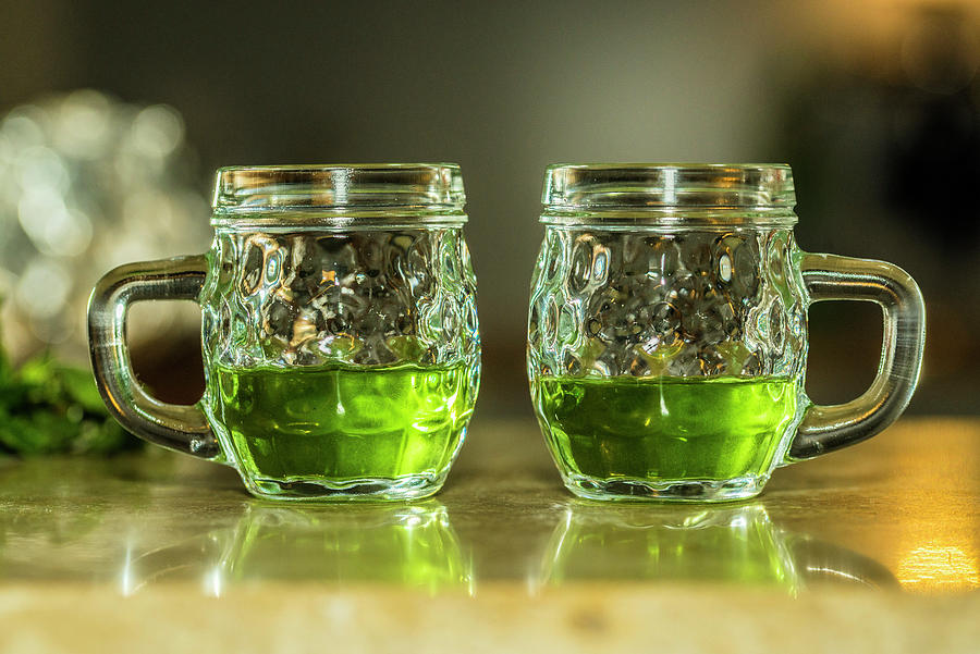 Green Absinthe In Glasses With Handles #1 Photograph by Chris Schfer