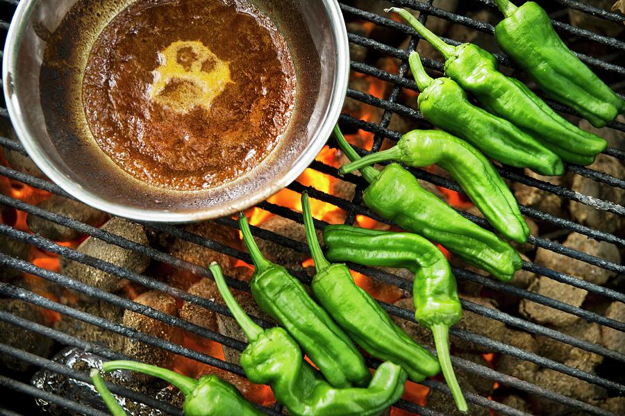 Green Chilli Peppers On A Grill #1 Photograph by Lode Greven Photography