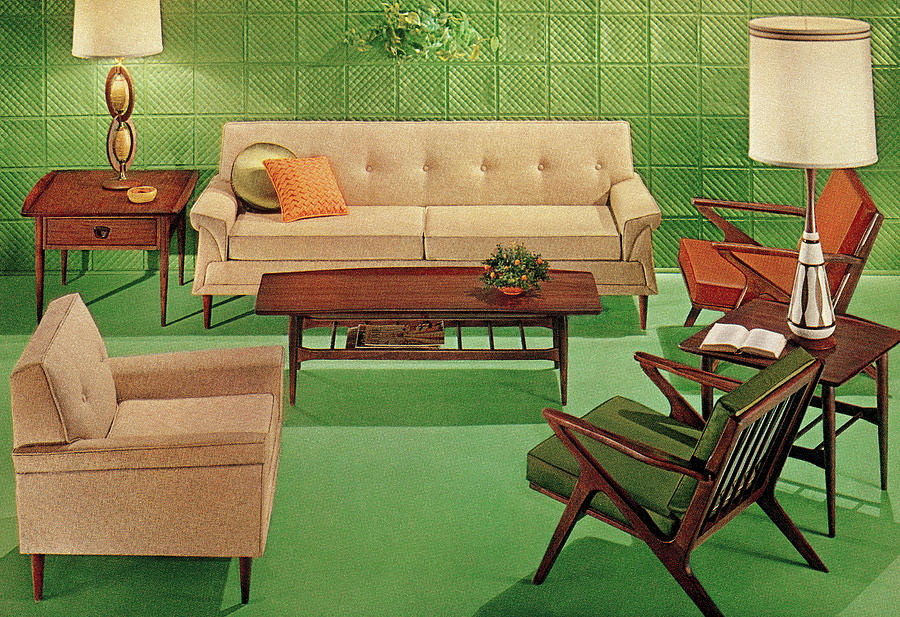 Davenport Drawing - Green Midcentury Living Room #1 by CSA Images