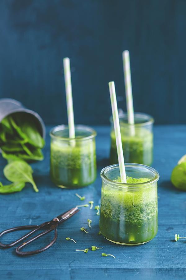 Green Smoothies With Spinach, Lime And Cress #1 Photograph by Aniko Takacs
