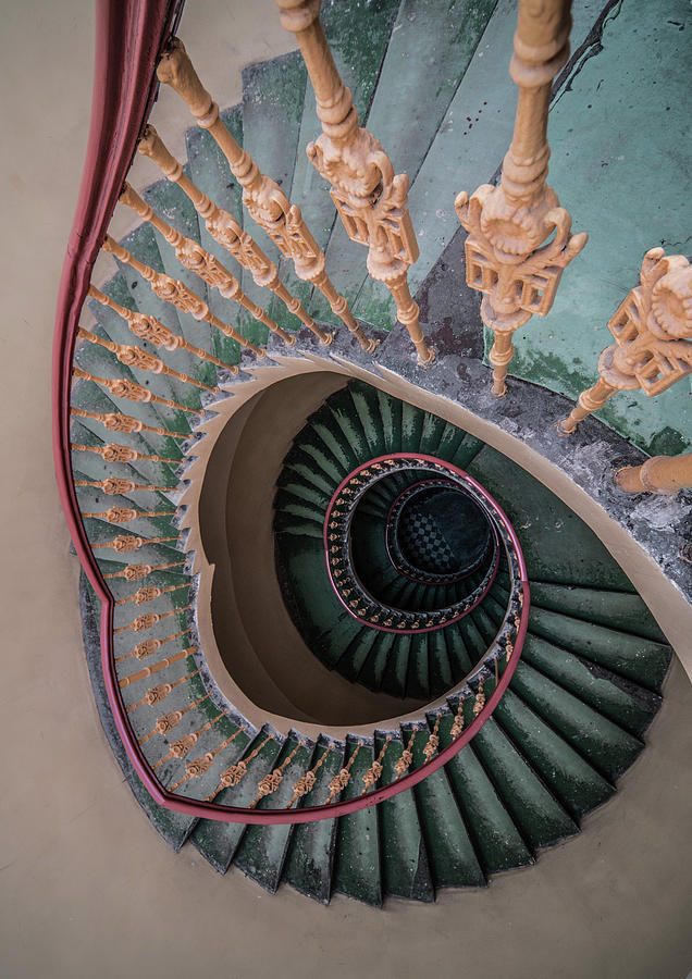 Green spiral staircase #1 Photograph by Jaroslaw Blaminsky