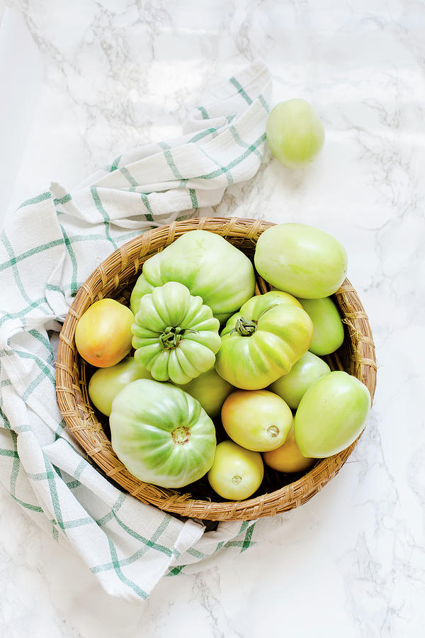 Green Tomatoes In A Basket #1 Photograph by Alice Del Re