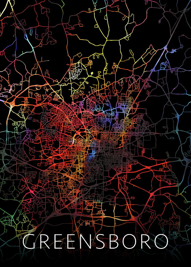 Greensboro North Carolina Watercolor City Street Map Dark Mode Mixed ...