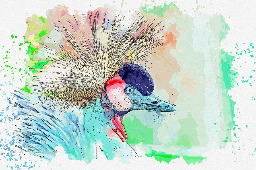 Grey Crowned Crane -  watercolor by Ahmet Asar #1 Painting by Celestial Images
