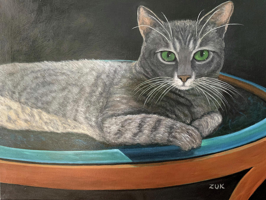 Grey Tabby Cat Painting by Karen Zuk Rosenblatt