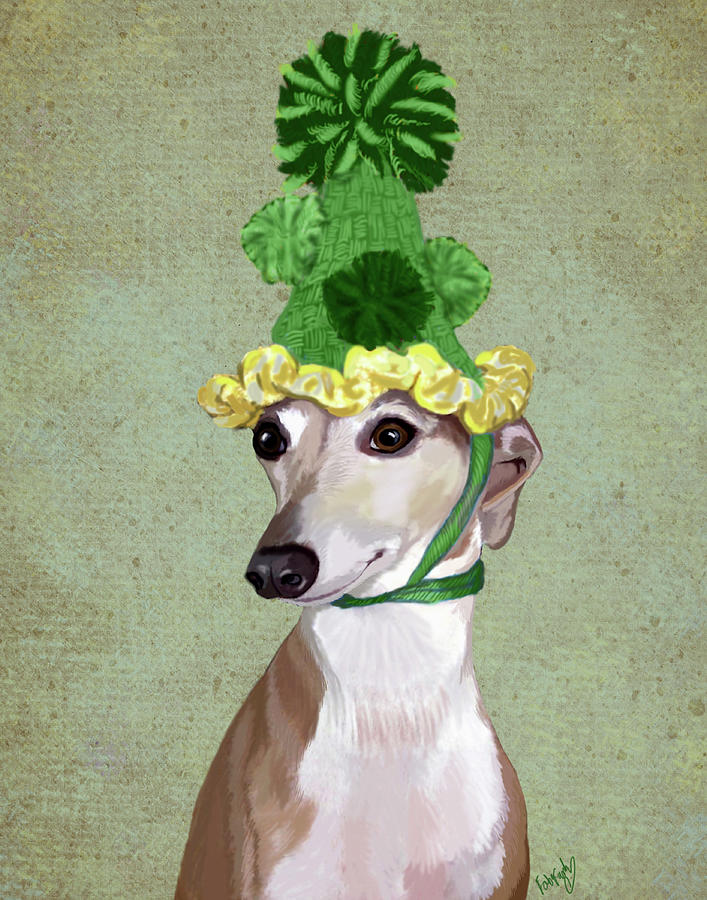 Greyhound In Green Hat Painting by Fab Funky - Pixels