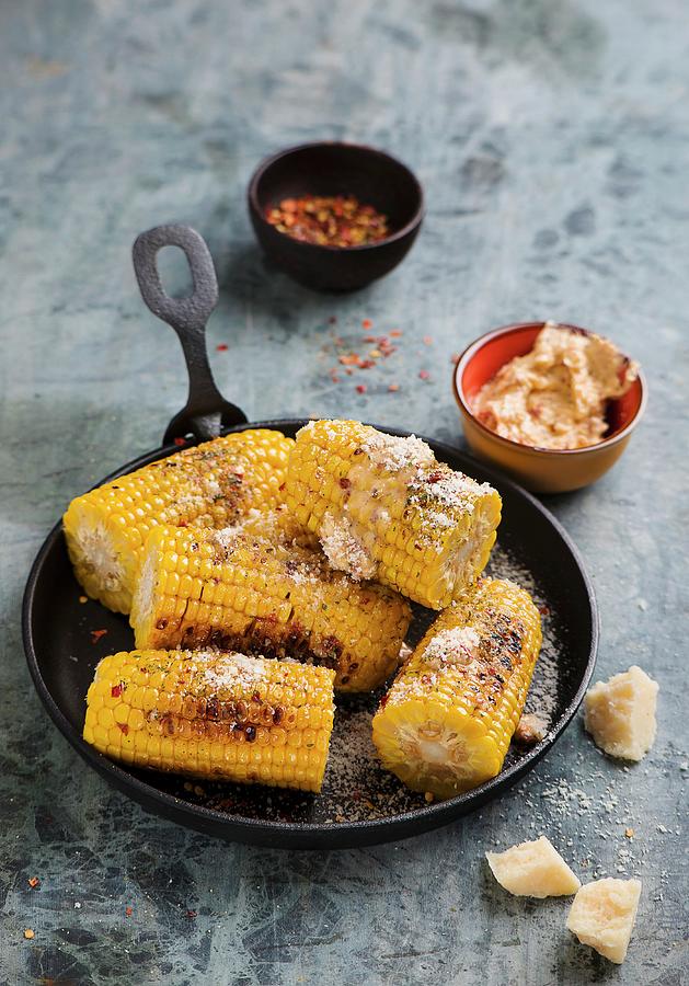 Grilled Corn On The Cob With Herb Butter And Parmesan #1 Photograph by Ewgenija Schall