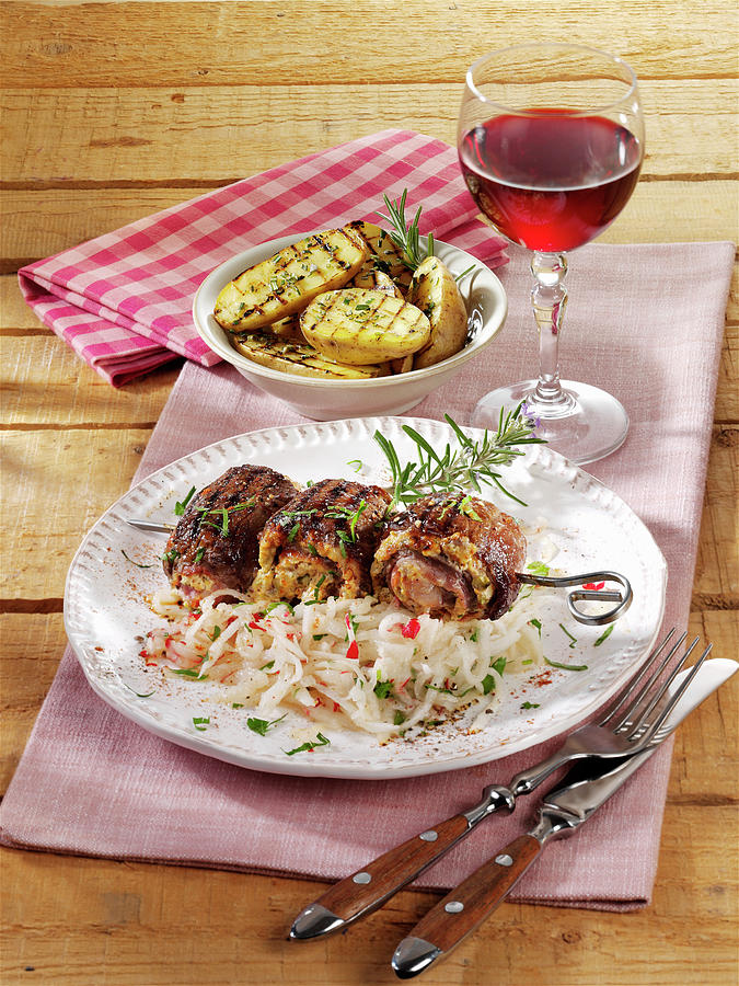 Grilled Roulade Skewers With Radish Salad #1 Photograph by Photoart / Stockfood Studios