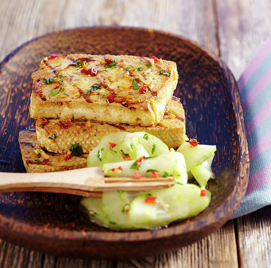 Grilled Tofu In An Oriental Marinade And A Spicy Cucumber Salad #1 Photograph by Teubner Foodfoto