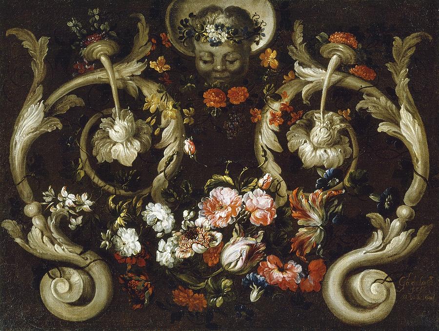 Grotesques with Flowers, 1670-1680, Spanish School, Oil on canvas, 61 cm ... #1 Painting by Gabriel de la Corte -1648-1694-