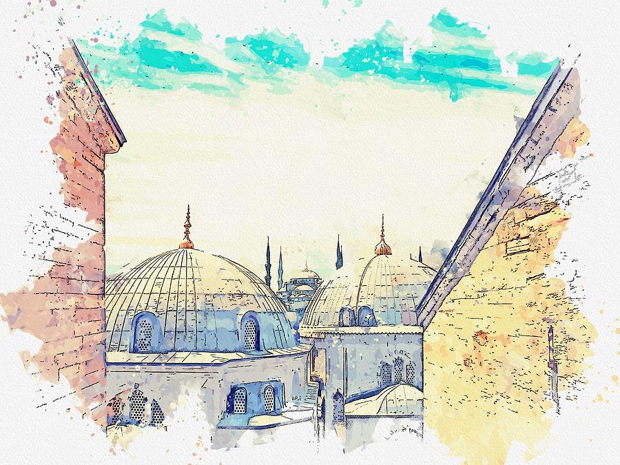 Hagia Sophia Mosque, Istanbul Turkey  c2019, watercolor by Adam Asar #1 Painting by Celestial Images