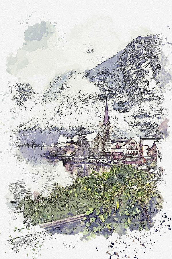 Hallstatt, Austria -  watercolor by Adam Asar #1 Painting by Celestial Images