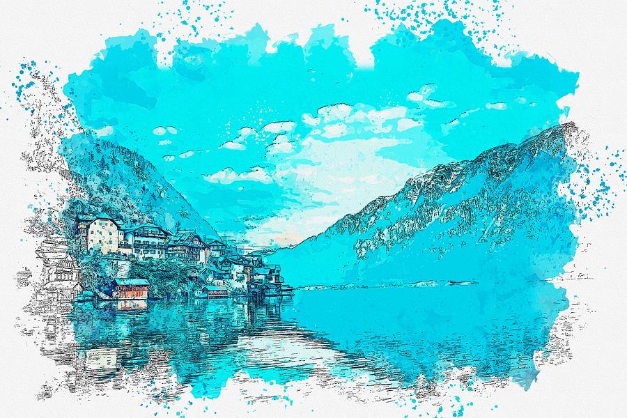 hallstatt, Austria watercolor by Ahmet Asar #1 Painting by Celestial Images
