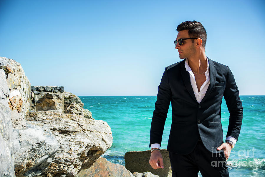 Handsome Man In Classical Suit On Beach Photograph