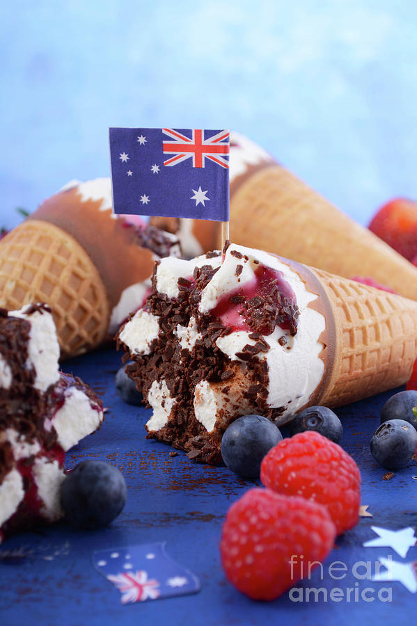 Happy Australia Day party ice cream cones. #1 Photograph by Milleflore Images