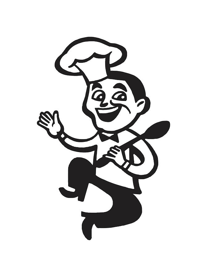 Black And White Drawing - Happy Chef Jumping #1 by CSA Images