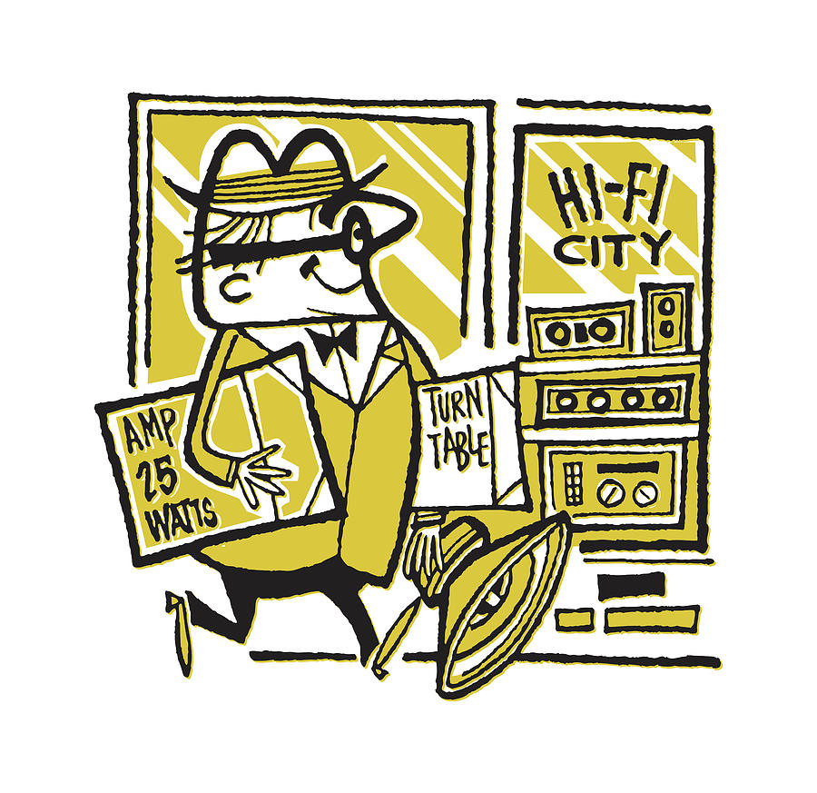 Music Drawing - Happy Man with Purchases from Hi-Fi City #1 by CSA Images
