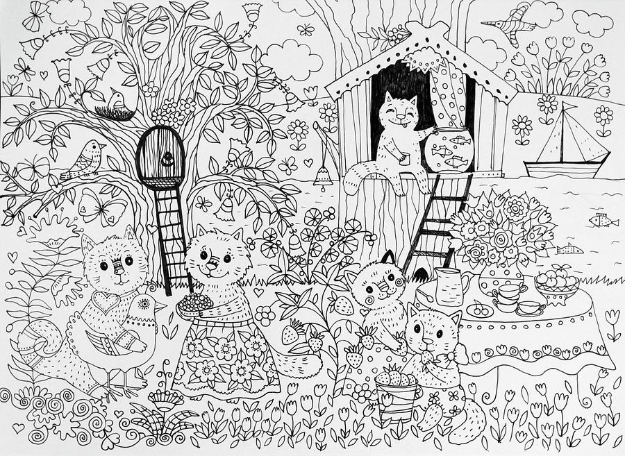 Black And White Painting - Happy Summer Cats #1 by Oxana Zaika
