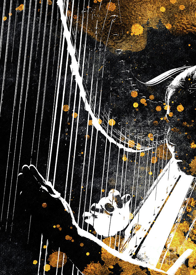 Harp music art gold and black  #1 Digital Art by Justyna Jaszke JBJart