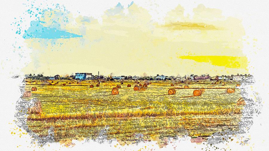 Hay Stacks -  watercolor by Ahmet Asar #1 Painting by Celestial Images
