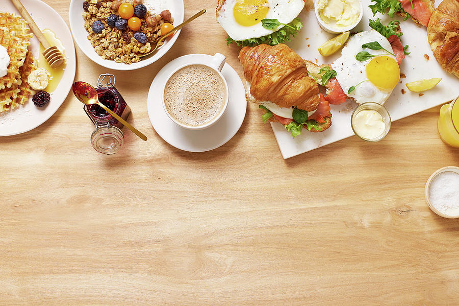 Healthy Sunday Breakfast With Croissants, Waffles, Granola And Sandwiches #1 Photograph by Asya Nurullina