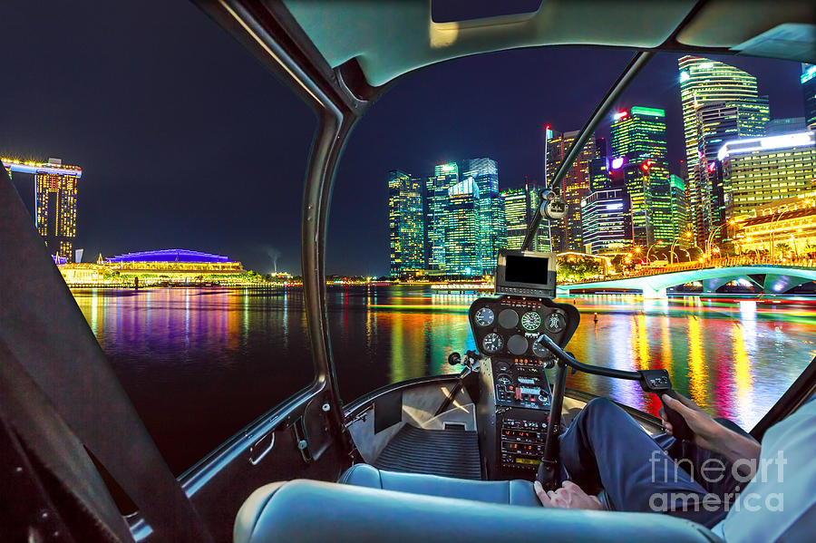 Helicopter on Singapore by night #1 Photograph by Benny Marty