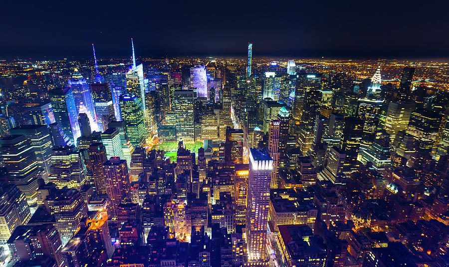 High Angle Cityscape Of Midtown Manhattan At Night, New York, Usa ...