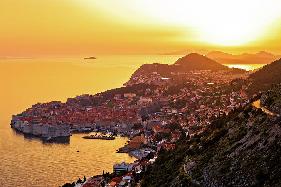 Historic town of Dubrovnik aerial sunset view #1 Photograph by Brch Photography