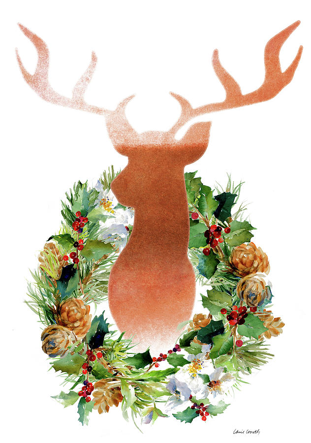 Deer Painting - Holiday Wreath With Deer #1 by Lanie Loreth
