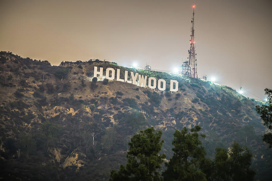Hollywood Sign Lit At Night #1 Photograph by Alex Grichenko