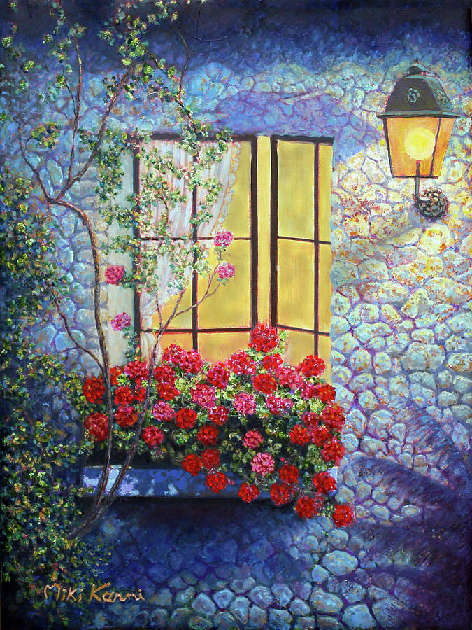 Home Sweet Home, Romantic Painting, Original Oil Painting,  Window and Flowers, window box, by Miki  Painting by Miki Karni