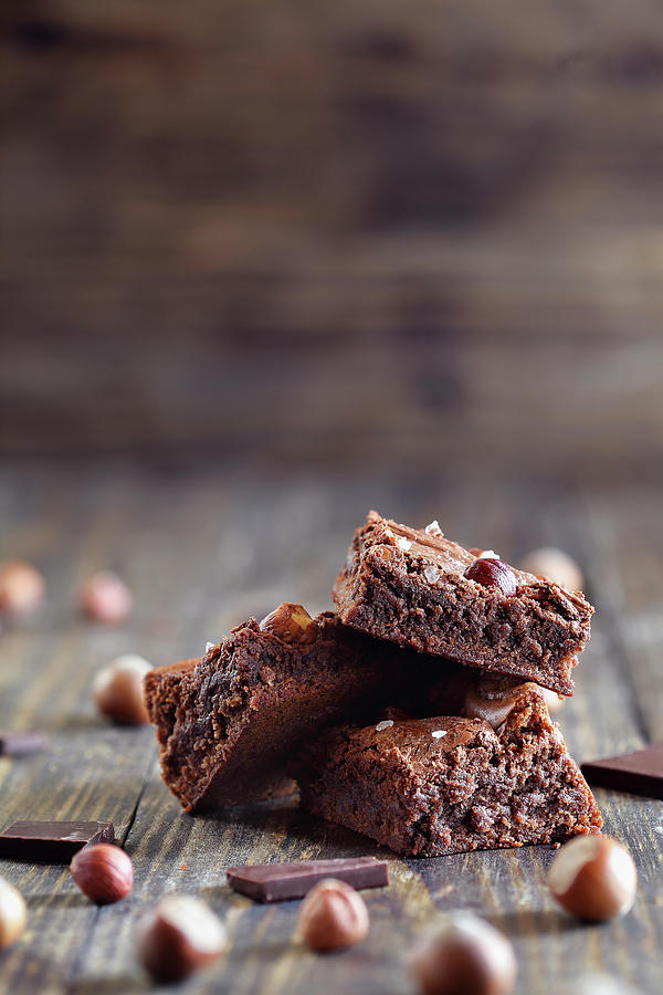 Homemade Brownie Squares Made With Chocolate Cream And Hazelnuts #1 Photograph by Stephanie Frey
