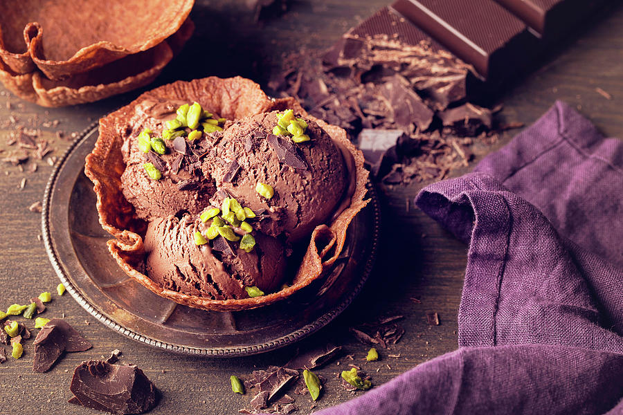 Homemade Chocolate Ice Cream In A Wafer Bowl #1 Photograph by Elena Schweitzer