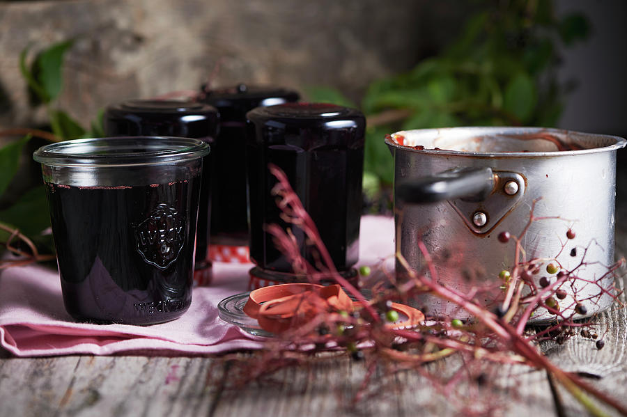 Homemade Elderberry Jelly In Glass Jars #1 Photograph by Hannah Kompanik