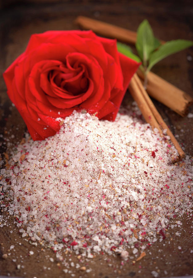 Homemade Oriental Rose And Cinnamon Salt With Fresh Rose Petals And Mint #1 Photograph by Teubner Foodfoto