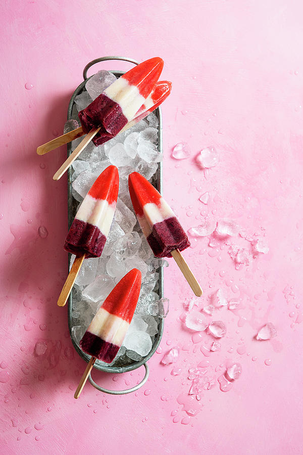 Homemade Three Colour strawberry, Banana And Blueberry Ice Lollies #1 Photograph by Magdalena Hendey