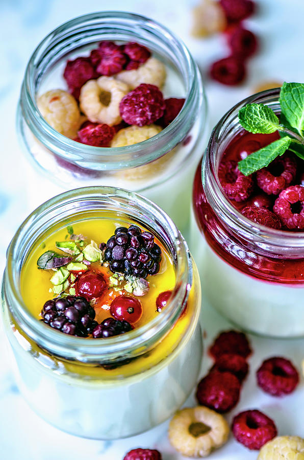 Homemade Yogurt In Jars With Different Fillings #1 Photograph by Gorobina