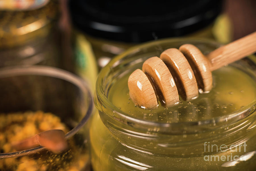 Honey Glass Jar With Wooden Dipper #1 Photograph by Microgen Images/science Photo Library