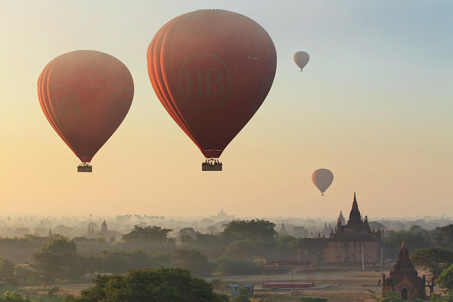 Hot Air Balloons Over Temples, Myanmar #1 Digital Art by Luigi Vaccarella