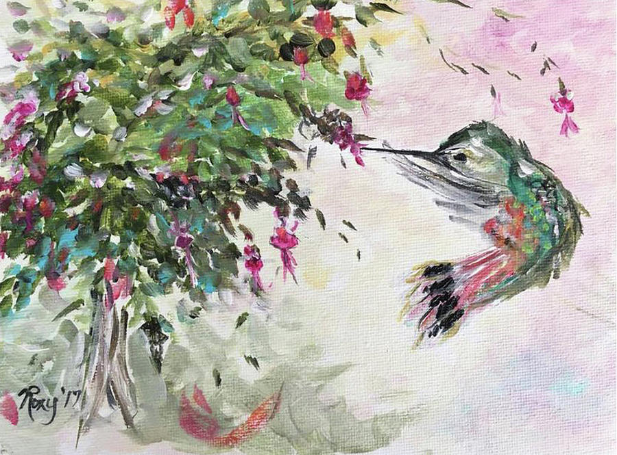 Hummingbird with Fuchsias #1 Painting by Roxy Rich