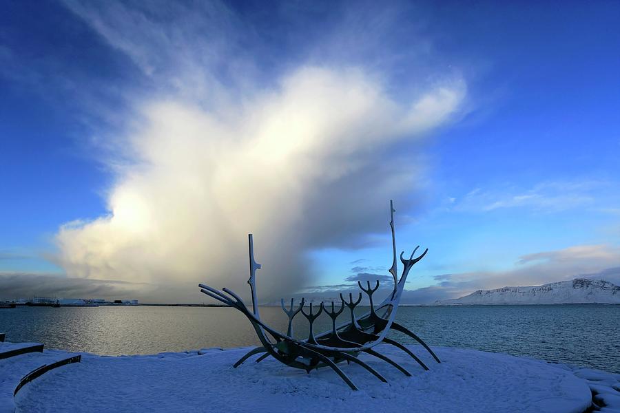 Winter Digital Art - Iceland, Greater Reykjavik Area, Reykjavik, Snow On The Sun Voyager Sculpture #1 by Dave Porter