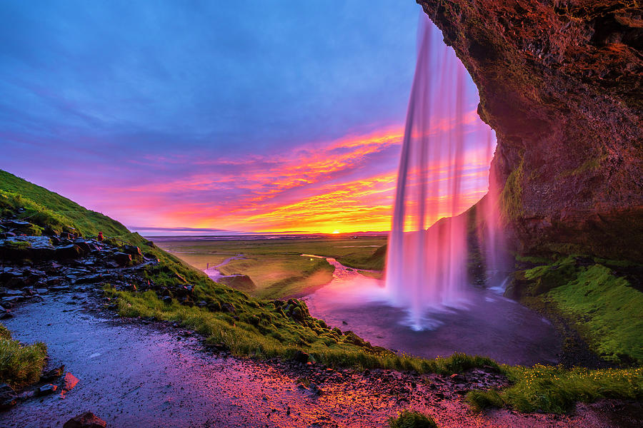 Iceland, South Iceland, Suwurland, Sunset From The Footpath Behind Seljalandsfoss Waterfall #1 Digital Art by Sebastian Wasek
