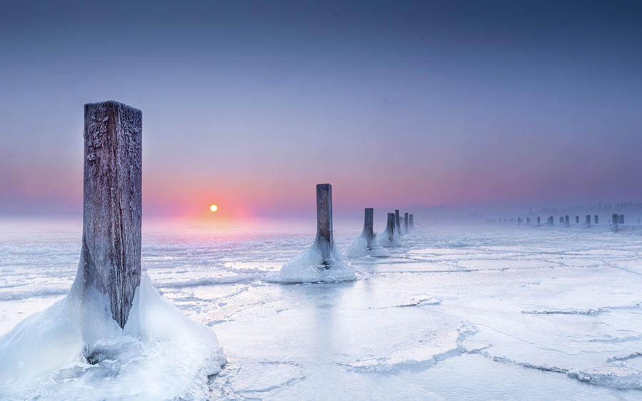 Icy Winter Morning In Abandoned Marina, Wooden Posts In The Frozen Lake At Sunrise, Seeshaupt, Lake Starnberg, Bavaria, Germany #1 Photograph by Ulrike Eisenmann