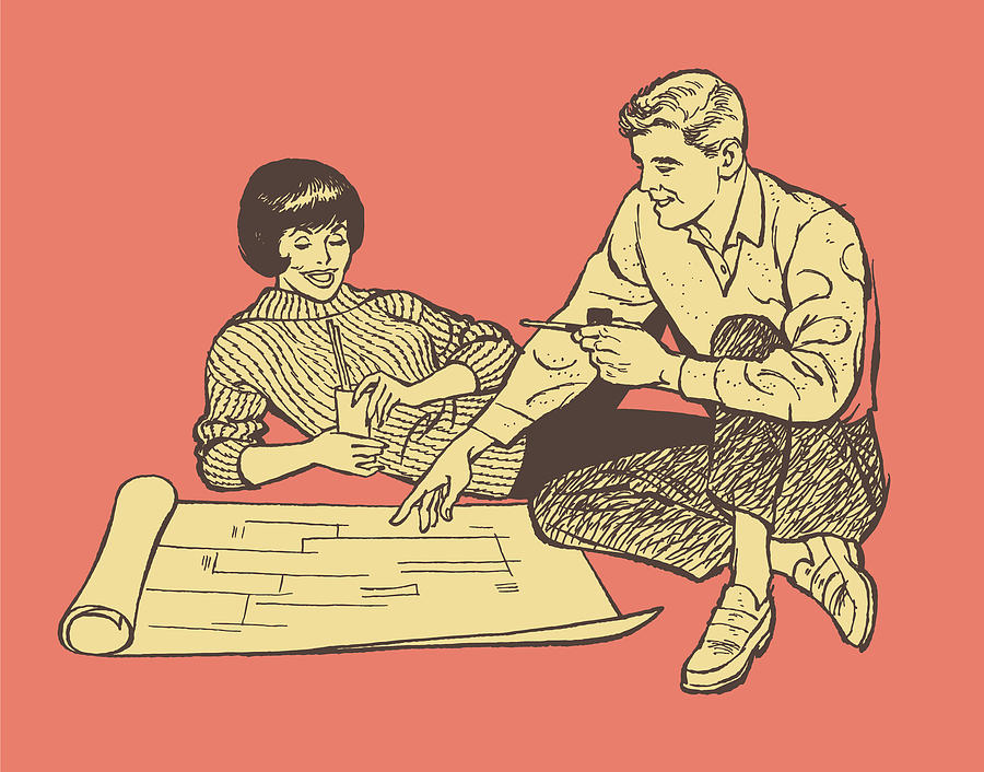 Vintage Drawing - Illustration of couple looking at plans #1 by CSA Images