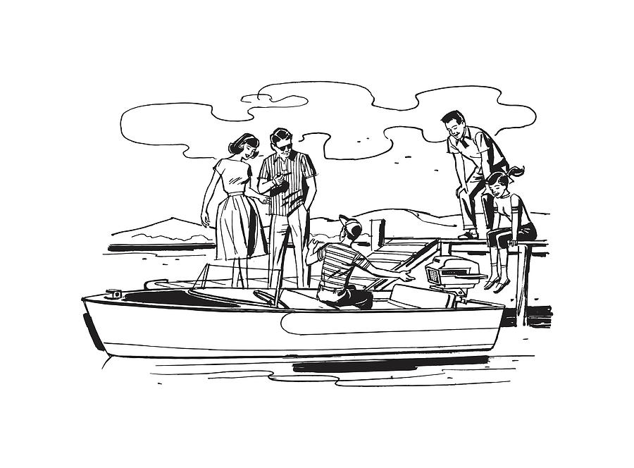 Illustration of people motorboating Drawing by CSA Images - Fine Art ...