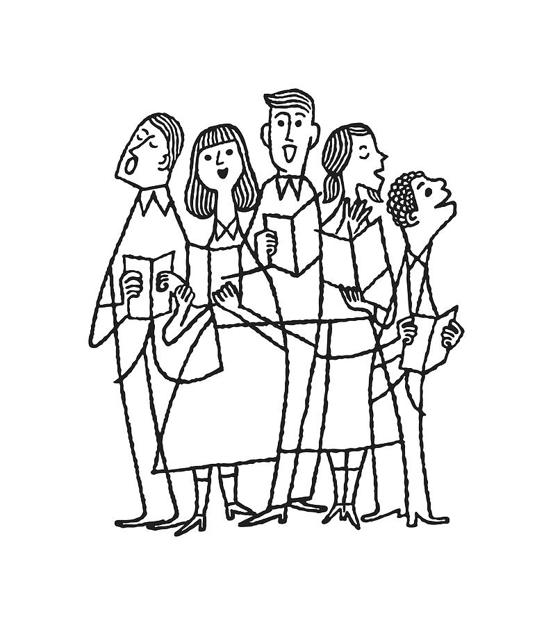Illustration of singing choir of five people Drawing by CSA Images