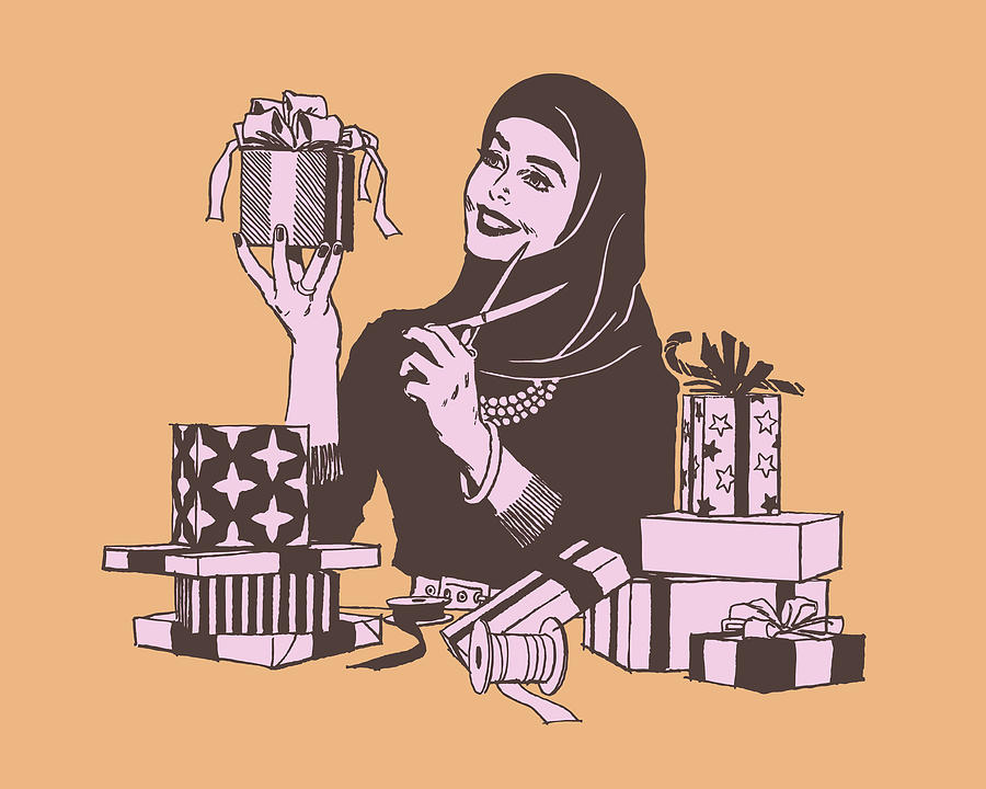 Christmas Drawing - Illustration of smiling woman wrapping gifts #1 by CSA Images