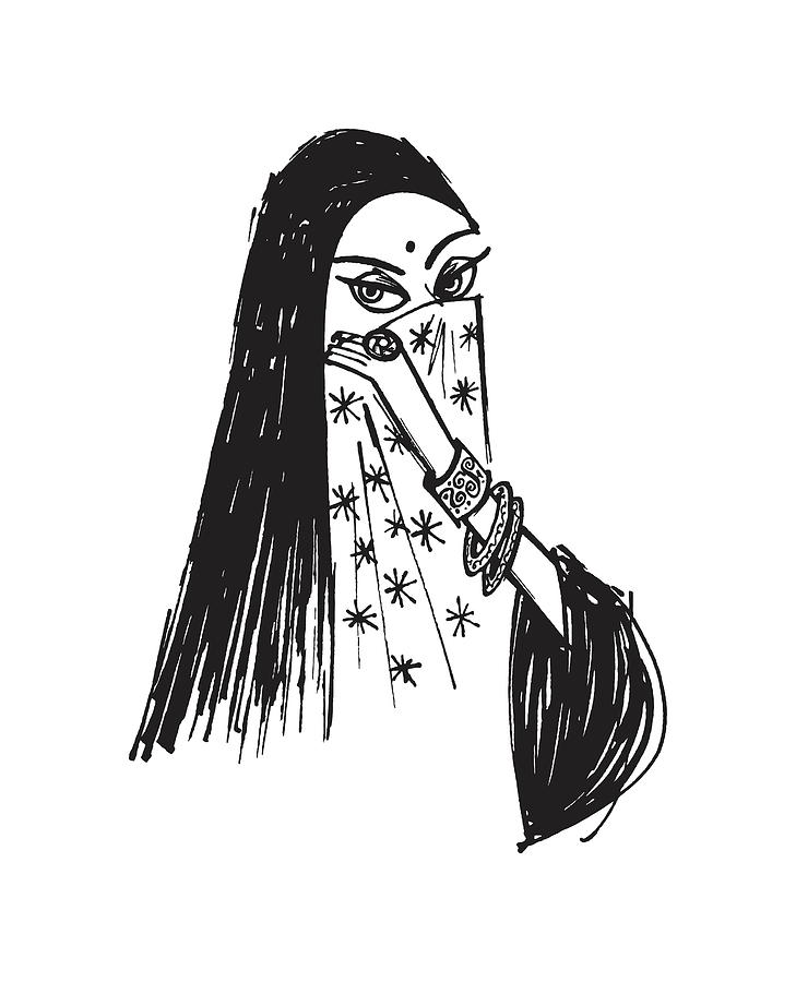 Black And White Drawing - Illustration of stereotypical Arab woman in hijab #1 by CSA Images