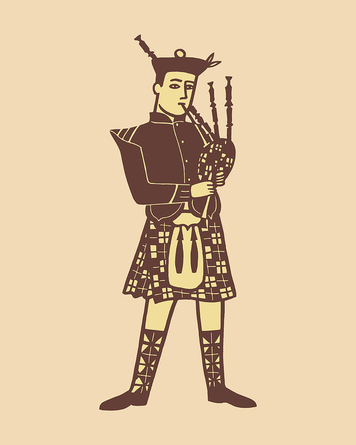 Music Drawing - Illustration of stereotypical Scottish man playing bagpipes #1 by CSA Images