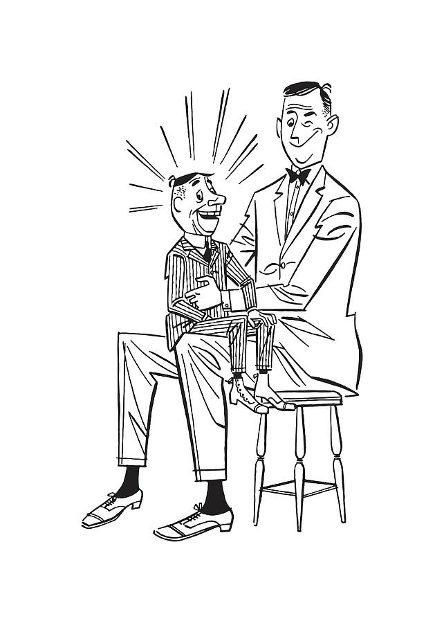 Illustration of ventriloquist sitting in chair with dummy Drawing by